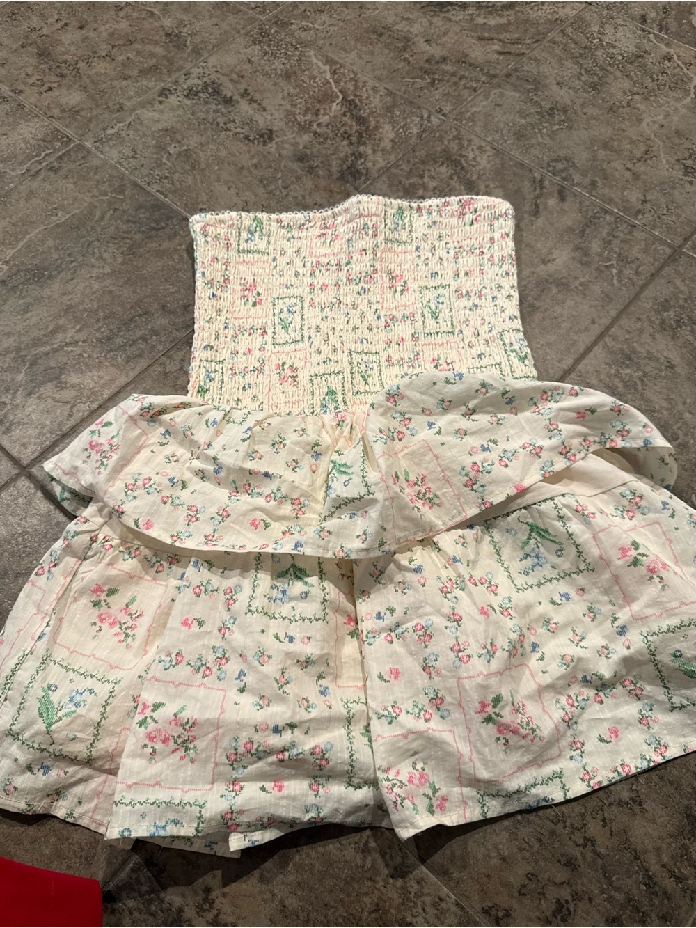 NWOT art class Cream Smocked Floral dress with Pink & blue Accents
